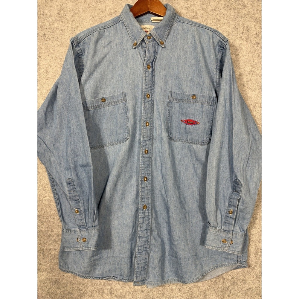 Vintage Midwest Garment Co Denim Shirt Mens XL Blue Embroidered Aztec Canada